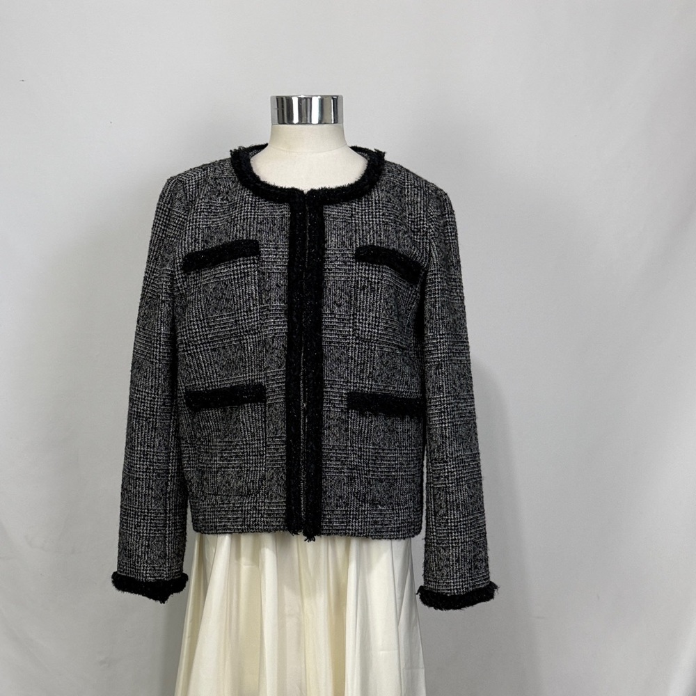 J. CREW size 8 black plaid jacket with fringe shimmer trim